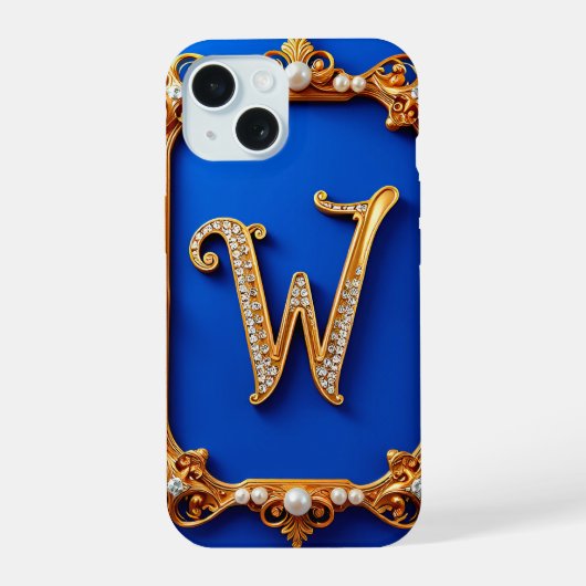 Elegante Gouden W Monogram Versierd Met Parels iPhone 15 Case (Achterkant)