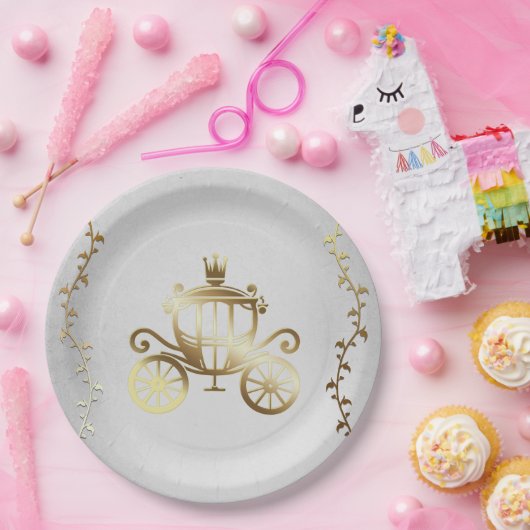 Elegante Gouden Wagen Witte Sprookjes Koninklijk Papieren Bordje (Feest)