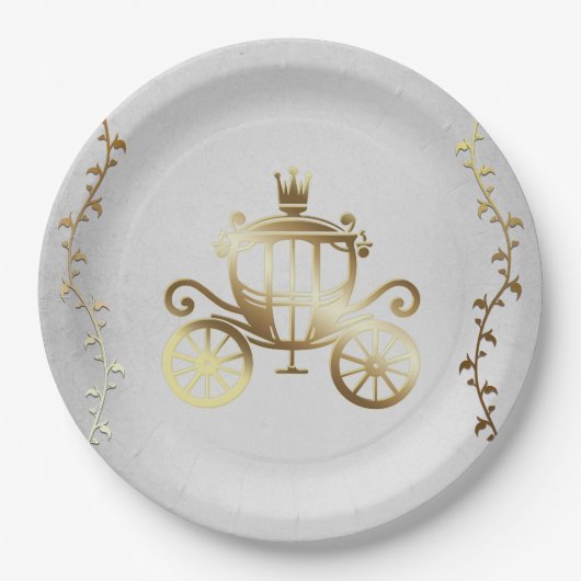 Elegante Gouden Wagen Witte Sprookjes Koninklijk Papieren Bordje (Voorkant)