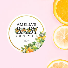 Elegante gouden Waterverf Citrus Baby shower Stick Ronde Sticker