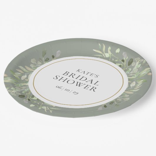 Elegante gouden waterverf groene bruiloftsdouche papieren bordje (Gekanteld)