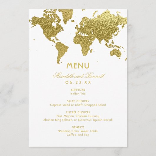 Elegante gouden Wereldkaart aangepaste bruiloft Menu (Voorkant)