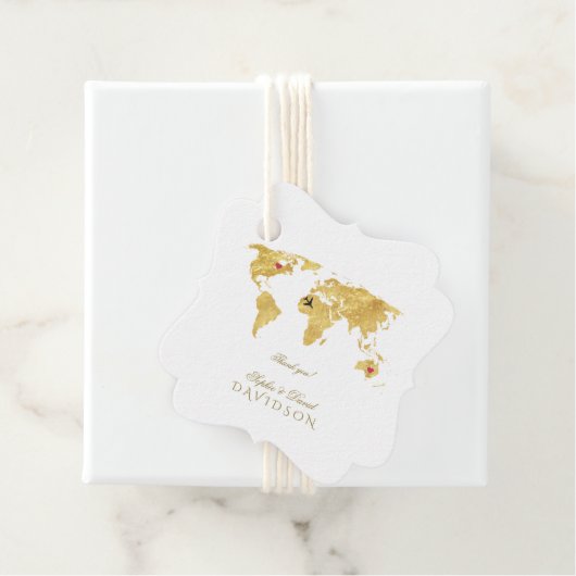 Elegante Gouden Wereldkaart Bestemming Trouwlocati Bedankjes Labels (In situ)
