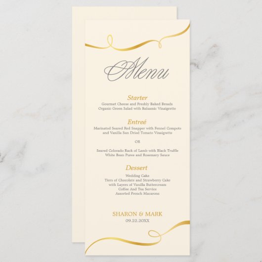 Elegante gouden wervelende dinermenu | Bewerkbare Menu (Voorkant / Achterkant)