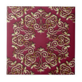 Elegante gouden wervelingen en bochten op bordeaux tegeltje (Voorkant)