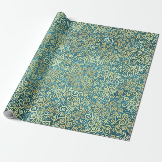 Elegante  gouden wervelpatroon Boho Dusty Blue Cadeaupapier (Uitgerold)