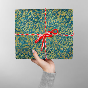 Elegante  gouden wervelpatroon Boho Dusty Blue Cadeaupapier