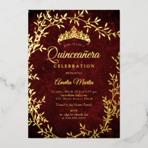 Elegante gouden wijnrood blad krans Quinceanera Folie Uitnodiging