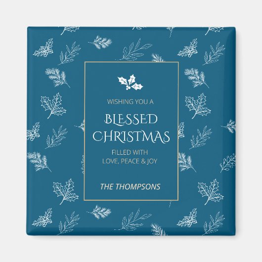 Elegante gouden winterbladeren Blauwe Kerst Magneet (Voorkant)