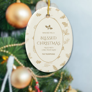 Elegante gouden winterbladeren Mistletoe Keramisch Ornament