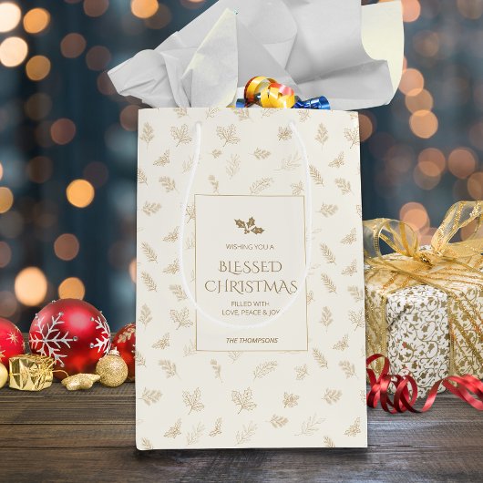 Elegante gouden winterbladeren Mistletoe Medium Cadeauzakje