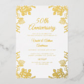 Elegante gouden witte bloem 50ste bruiloft Jubileu Folie Uitnodiging (Voorkant)