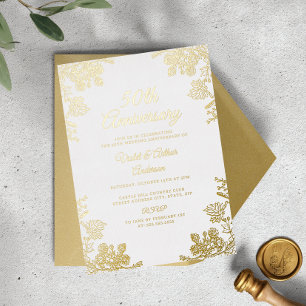 Elegante gouden witte bloem 50ste bruiloft Jubileu Folie Uitnodiging