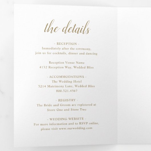 Elegante gouden witte bloem moderne bruiloft drieluik uitnodiging (Binnenzijde eerst)