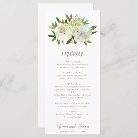 Elegante gouden witte bloem moderne bruiloft menu (Voorkant / Achterkant)