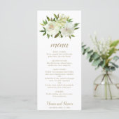Elegante gouden witte bloem moderne bruiloft menu (Staand voorkant)