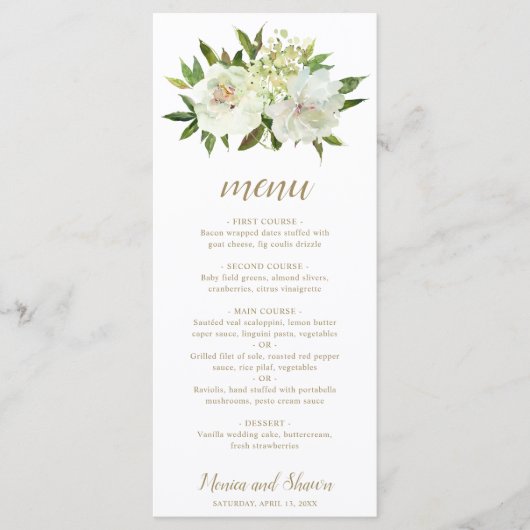 Elegante gouden witte bloem moderne bruiloft menu (Voorkant)