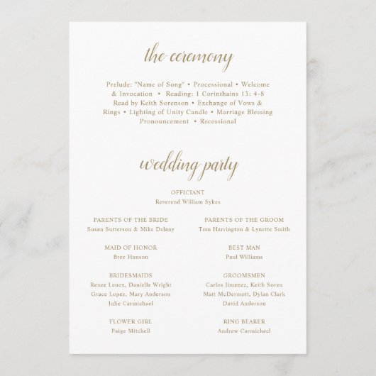 Elegante gouden witte bloem moderne bruiloft programmakaart (Achterkant)