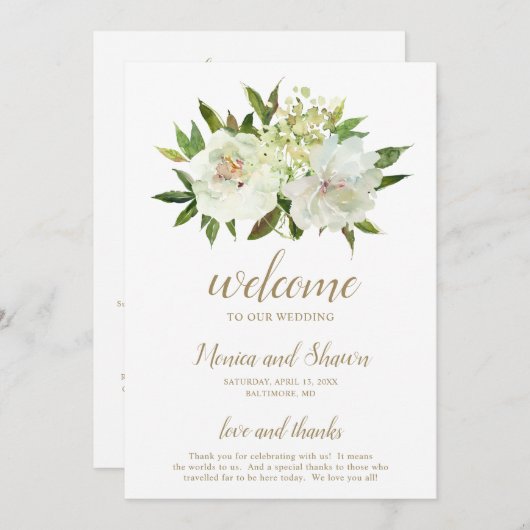 Elegante gouden witte bloem moderne bruiloft programmakaart (Voorkant / Achterkant)