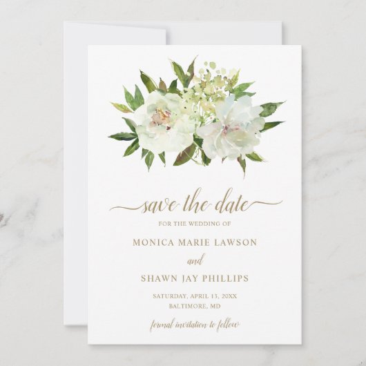 Elegante gouden witte bloem moderne bruiloft save the date (Voorkant)