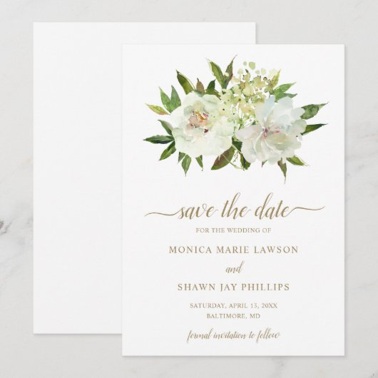 Elegante gouden witte bloem moderne bruiloft save the date (Voorkant / Achterkant)