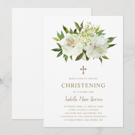 Elegante gouden witte bloem moderne doop kaart (Voorkant / Achterkant)