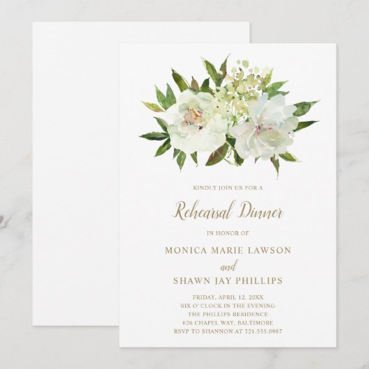 Elegante gouden witte bloemen bruiloft repetitie d kaart (Voorkant / Achterkant)