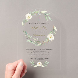 Elegante Gouden Witte Bloemen Kruis Doop Acryl Uitnodigingen