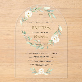 Elegante Gouden Witte Bloemen Kruis Doop Acryl Uitnodigingen