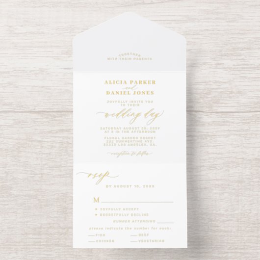 Elegante gouden witte bruiloft folie all in one uitnodiging (Binnenkant)