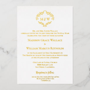 Elegante gouden & witte Crest moderne katholieke b Folie Uitnodiging