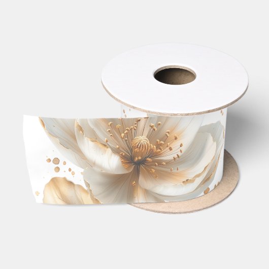 Elegante Gouden & Witte Klaproos Bruiloft Satijnen Lint (Spoel)
