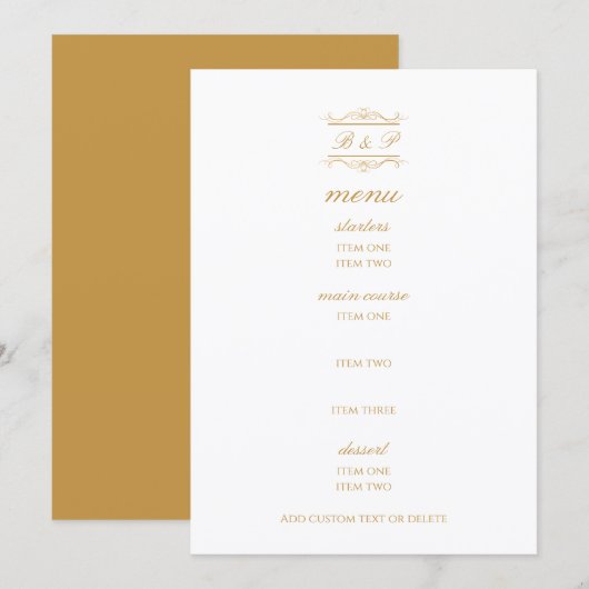 Elegante gouden & witte monogram huwelijksmenu kaa (Voorkant / Achterkant)