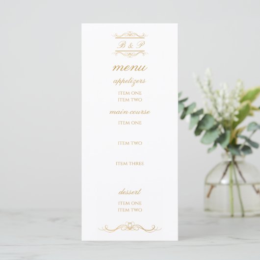 Elegante gouden & witte monogram huwelijksmenu kaa (Staand voorkant)
