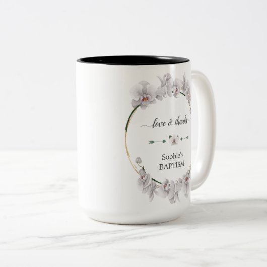 Elegante Gouden Witte Orchideeën Bloesem Doop Tweekleurige Koffiemok (Voorkant rechts)