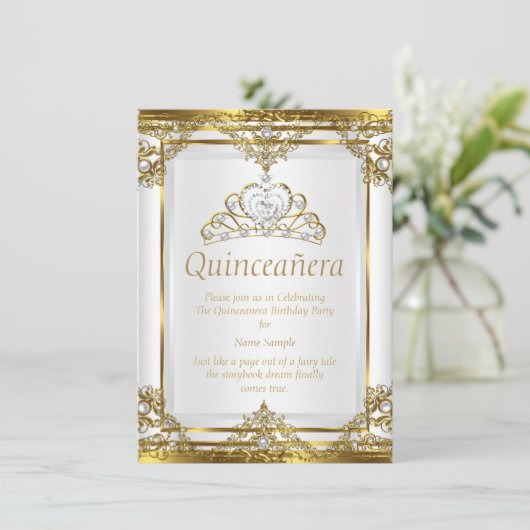 Elegante Gouden Witte Parel Princess Quinceanera Kaart (Staand voorkant)