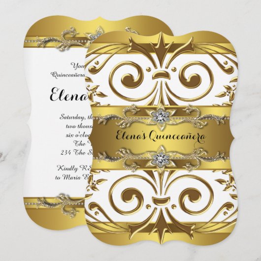 Elegante gouden witte Quinceanera Kaart (Voorkant / Achterkant)