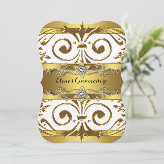 Elegante gouden witte Quinceanera Kaart (Staand voorkant)