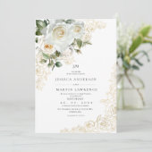 Elegante gouden witte roos bruiloft kaart (Staand voorkant)