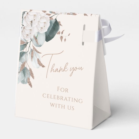 Elegante Gouden Witte Rozen & Groene Bruidsdouche Bedankdoosjes (Achterkant)