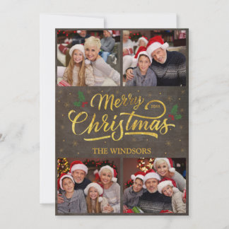 Elegante Gouden Zalig Kerstmis Hulst Foto Collage Feestdagenkaart