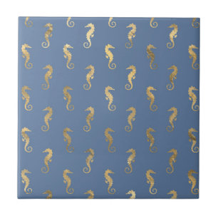 Elegante Gouden Zeepaardje Naadloos Patroon Navybl Tegeltje