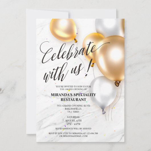 Elegante gouden zilveren ballonnen Grand Opening Kaart (Voorkant)