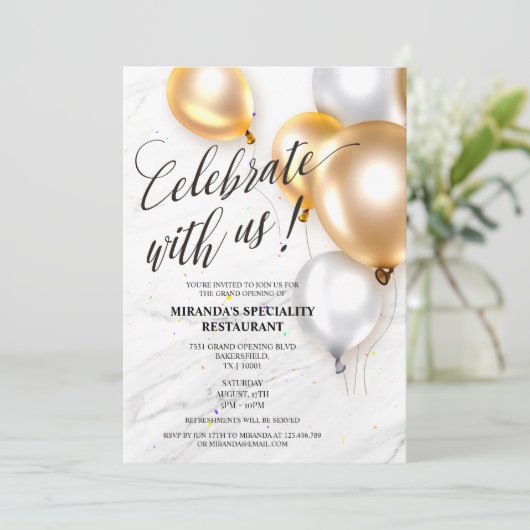 Elegante gouden zilveren ballonnen Grand Opening Kaart (Staand voorkant)