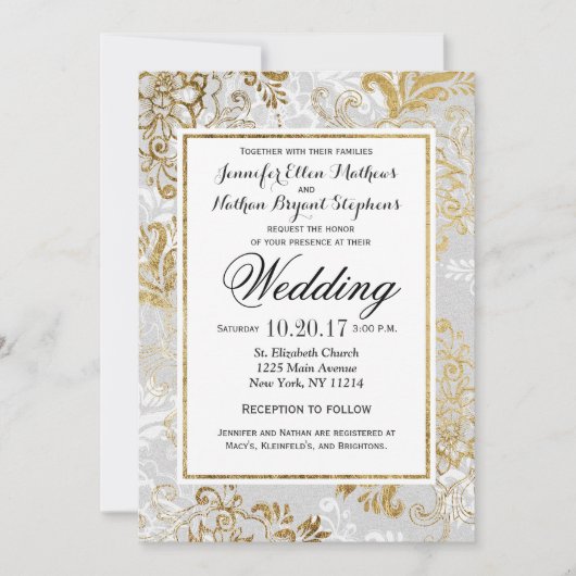 Elegante gouden zilveren en grijze bloemenbruiloft kaart (Voorkant)