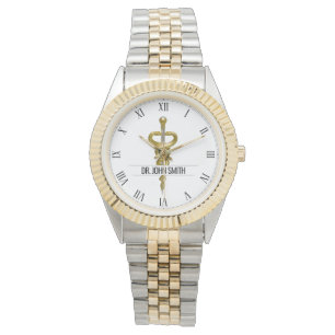 Elegante Gouden Zilveren Medische Asclepius Naam Horloge