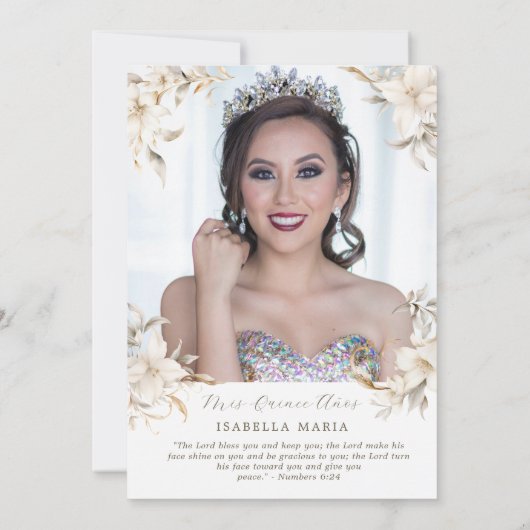 Elegante gouden zilveren witte bloemen Quinceañera Kaart (Achterkant)