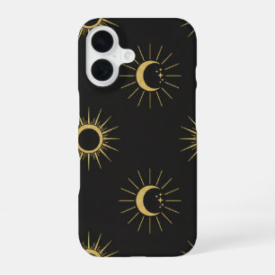 Elegante Gouden Zon- en Maanpatroon Zwarte iPhone 16 Hoesje