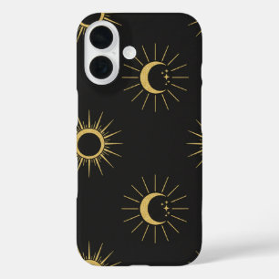 Elegante Gouden Zon- en Maanpatroon Zwarte iPhone  16 Hoesje