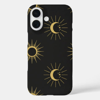 Elegante Gouden Zon- en Maanpatroon Zwarte iPhone  16 Hoesje